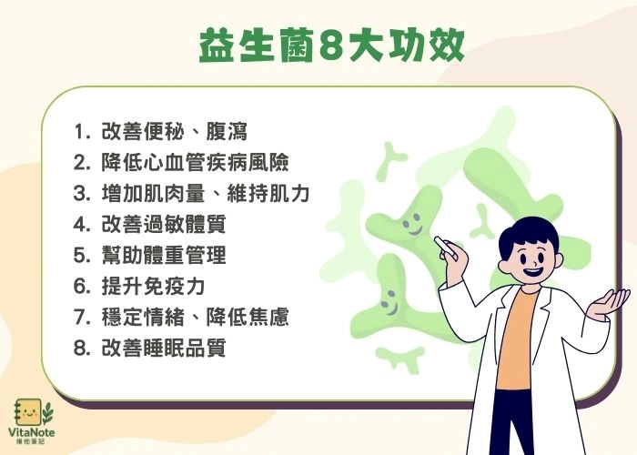 益生菌有8大功效,1. 改善便秘、腹瀉,2. 降低心血管疾病風險,3.提升肌力與肌肉量,4. 改善過敏體質,5. 幫助控制體重,6. 提升免疫力,7. 穩定情緒、預防憂鬱,8. 改善睡眠品質