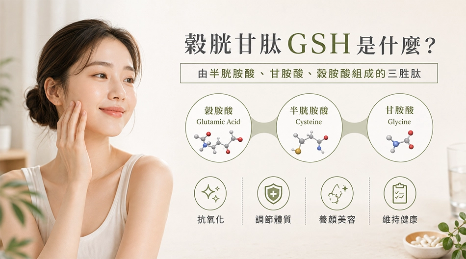 穀胱甘肽GSH是什麼?由麩胺酸、半胱胺酸與甘胺酸組成的三胜肽,具有抗氧化作用