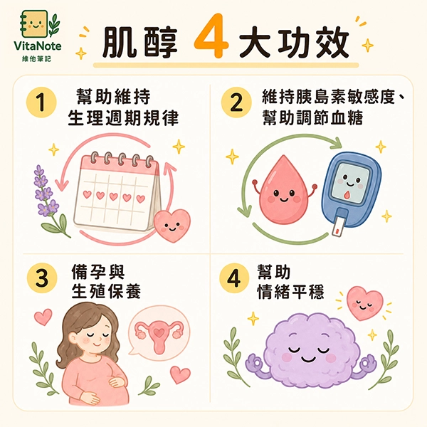 肌醇4大功效資訊圖,包含幫助維持生理週期規律、維持胰島素敏感度與幫助調節血糖、備孕與生殖保養,以及幫助情緒平穩