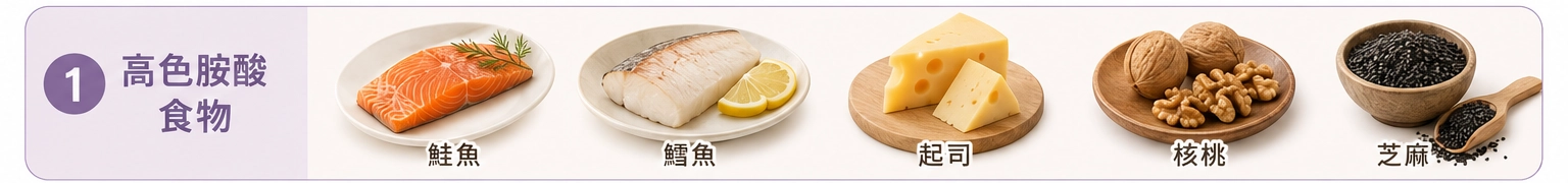 高色胺酸食物:鮭魚、鱈魚、起司、核桃、芝麻