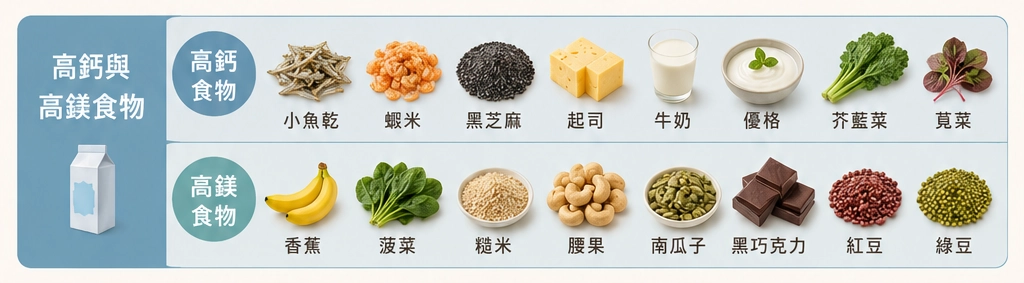 高鈣與高鎂食物:小魚乾、蝦米、黑芝麻、起司、牛奶、優格、芥藍菜、莧菜 香蕉、菠菜、糙米、腰果、南瓜子、黑巧克力、紅豆、綠豆